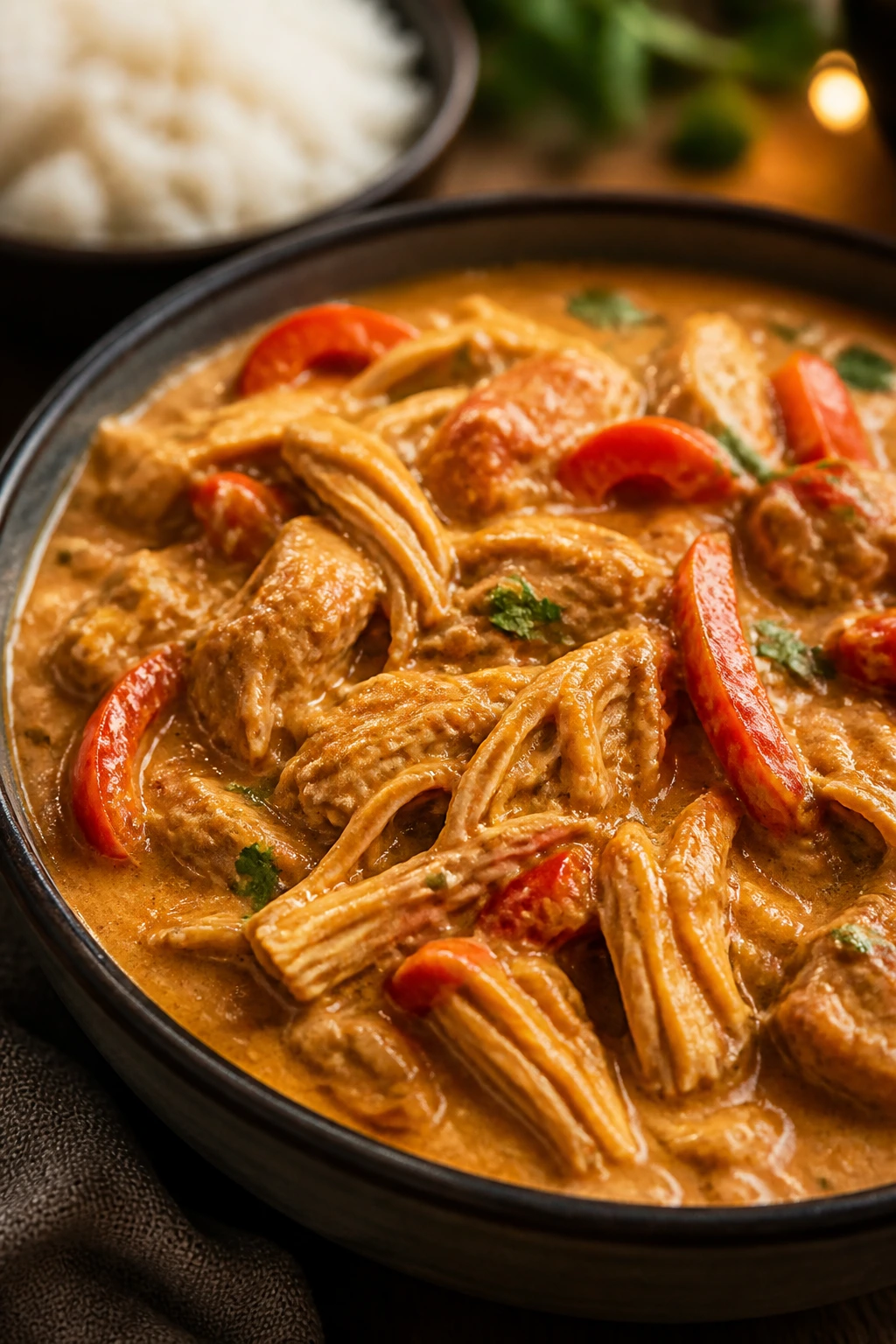 Creamy Thai peanut chicken curry with shredded chicken over rice
