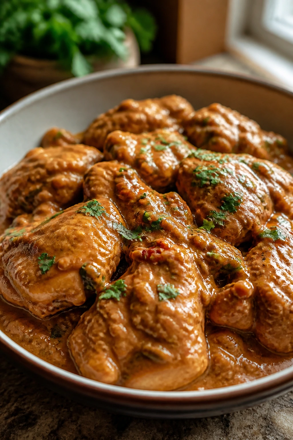 Close-up of Thai peanut chicken with creamy peanut sauce