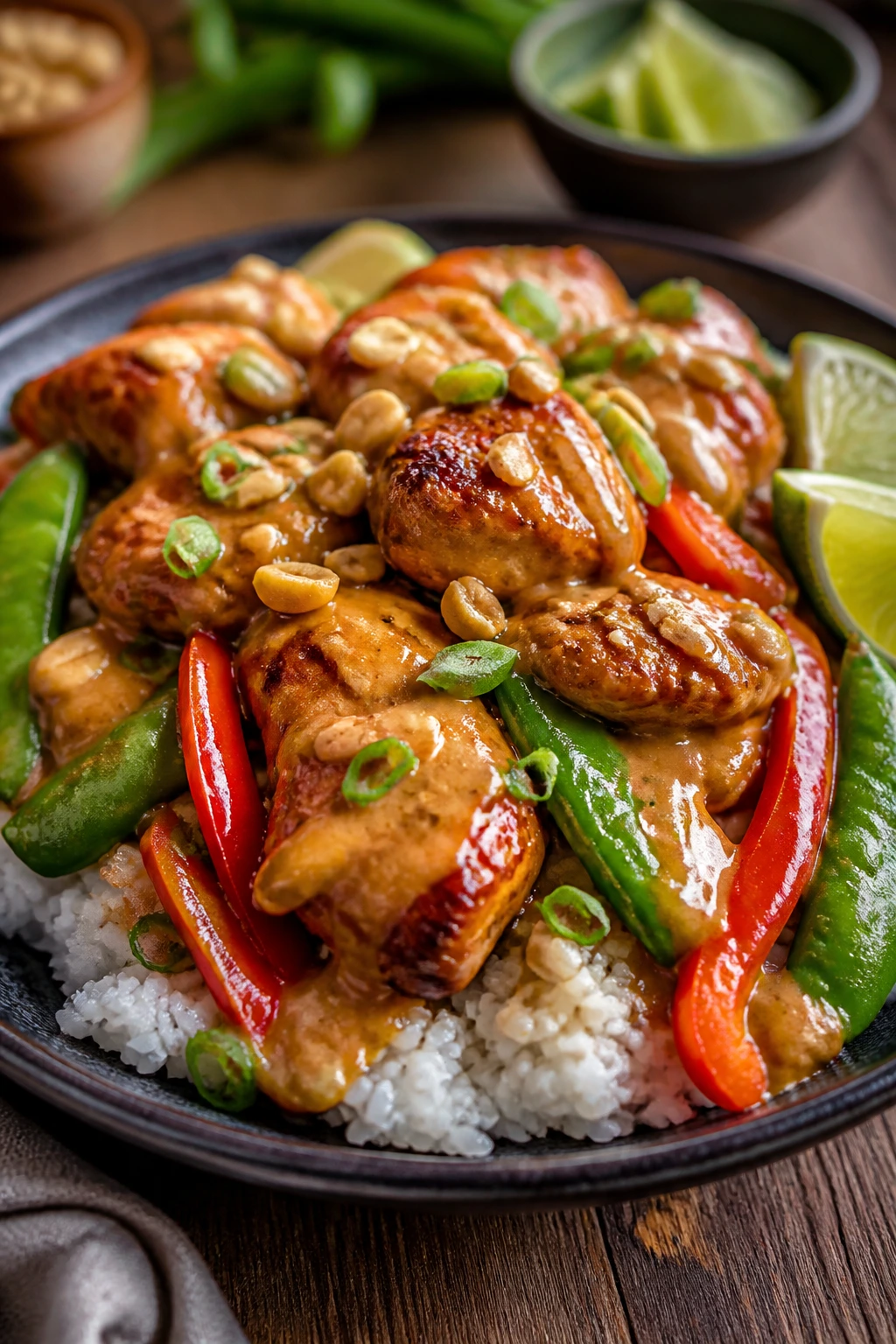 Plate of sticky Thai peanut chicken with rice and vegetables in warm daylight