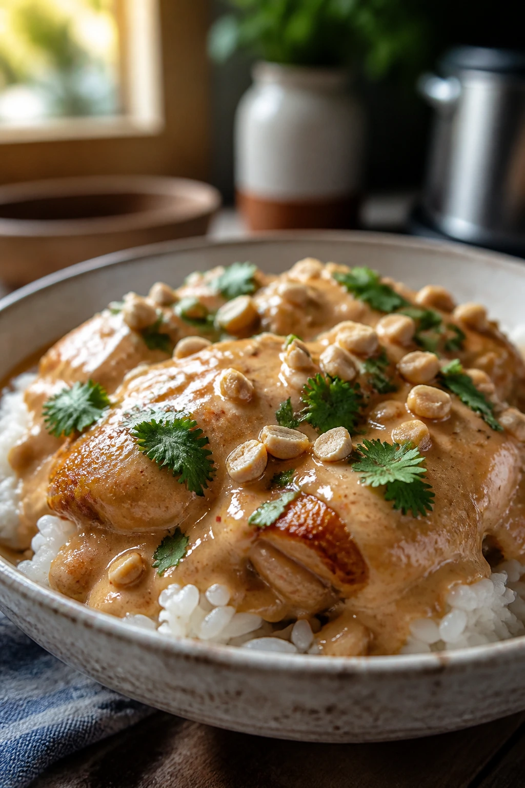 Close-up of Thai Peanut Chicken served over rice in a bowl with peanut garnish in a warm kitchen.