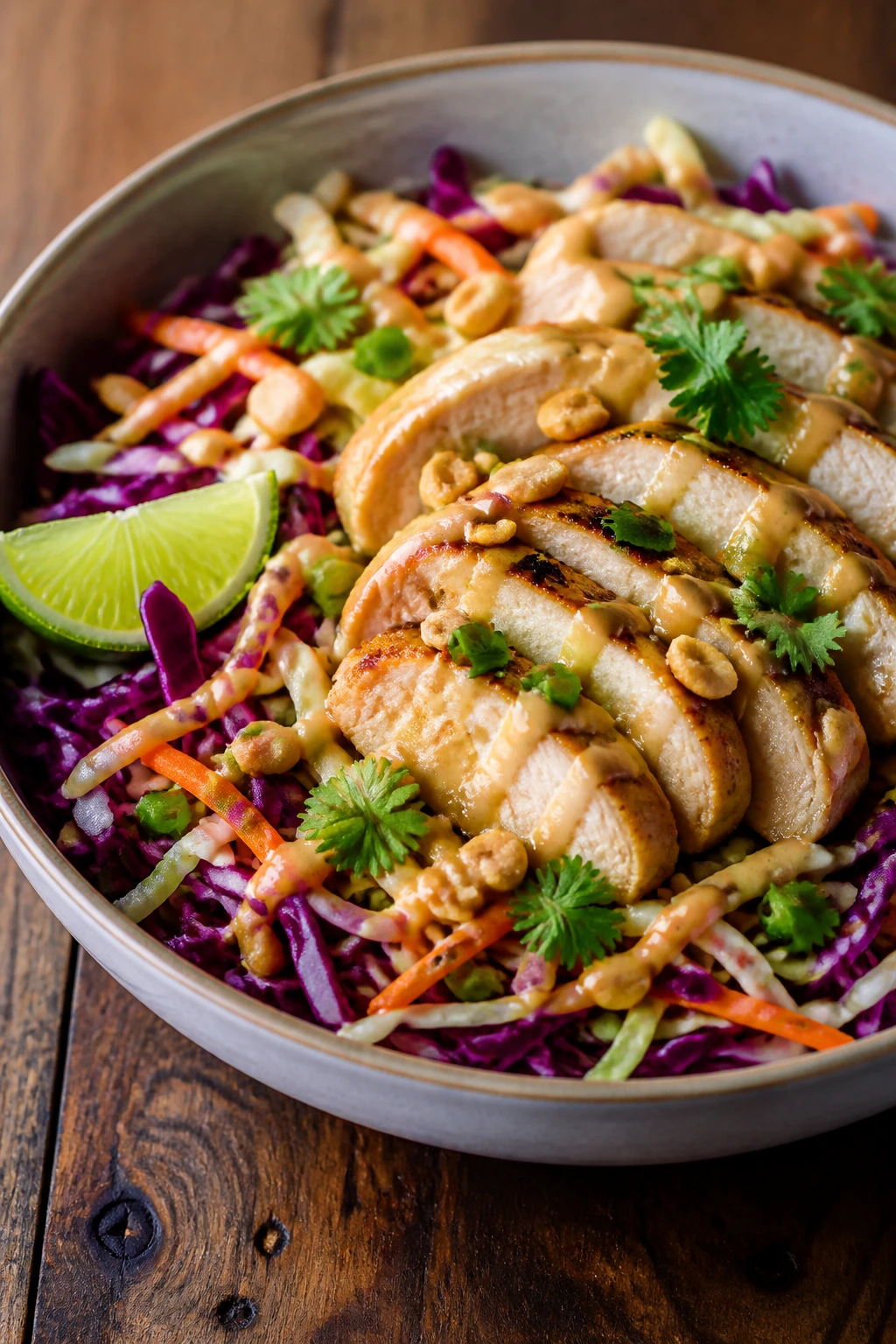 Bowl of Thai peanut chicken cabbage slaw with dressing
