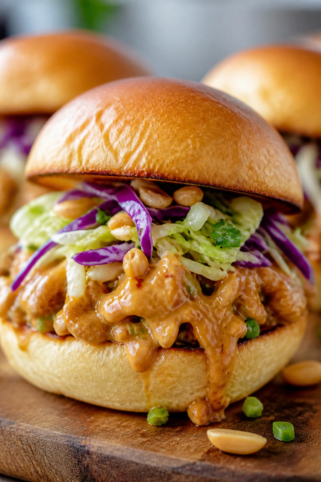 Chicken slider with peanut sauce and cabbage on a toasted bun