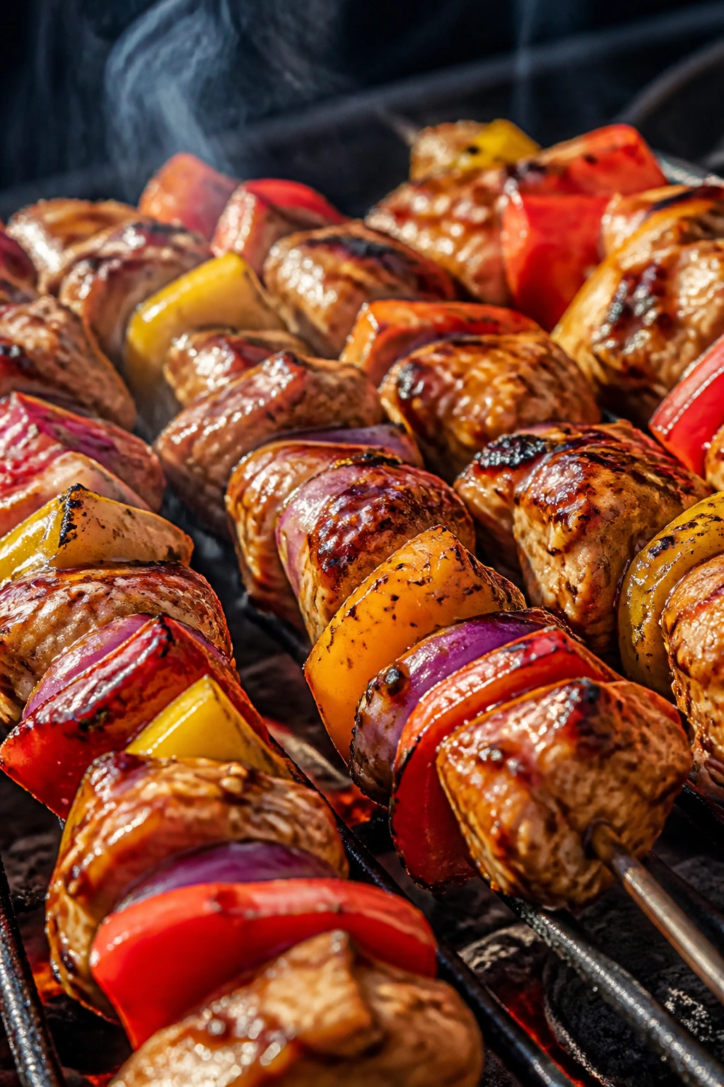 Close-up of Thai peanut chicken kebabs on skewers with peppers and onions.