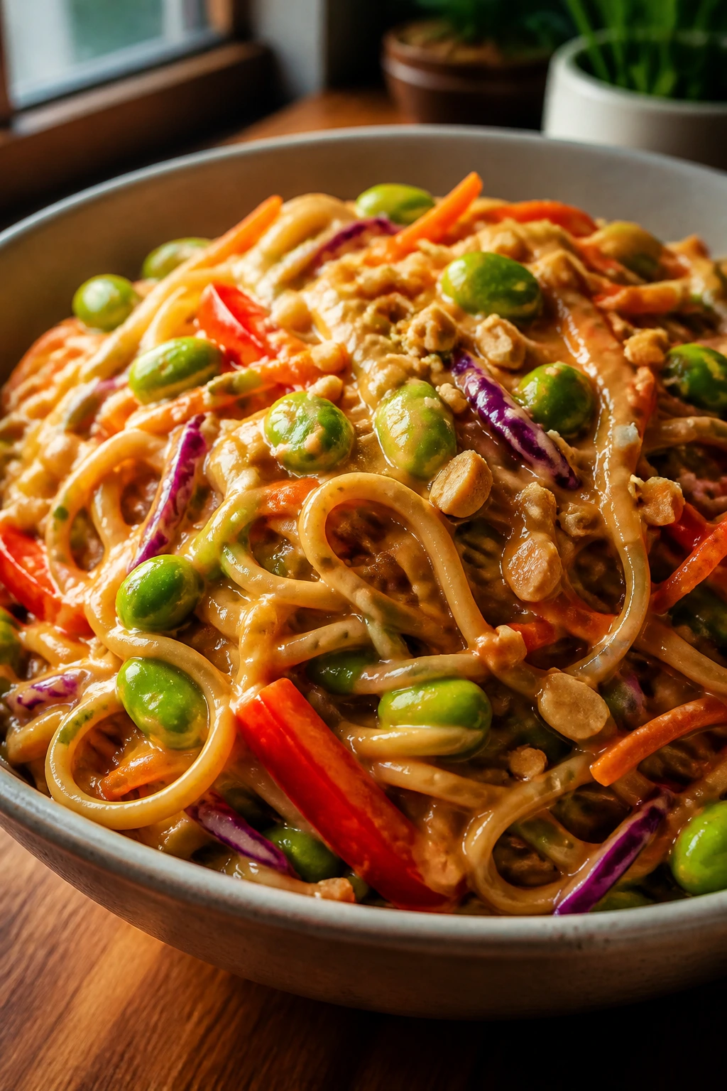 Rice noodle bowl with peanut sauce and crunchy veggies