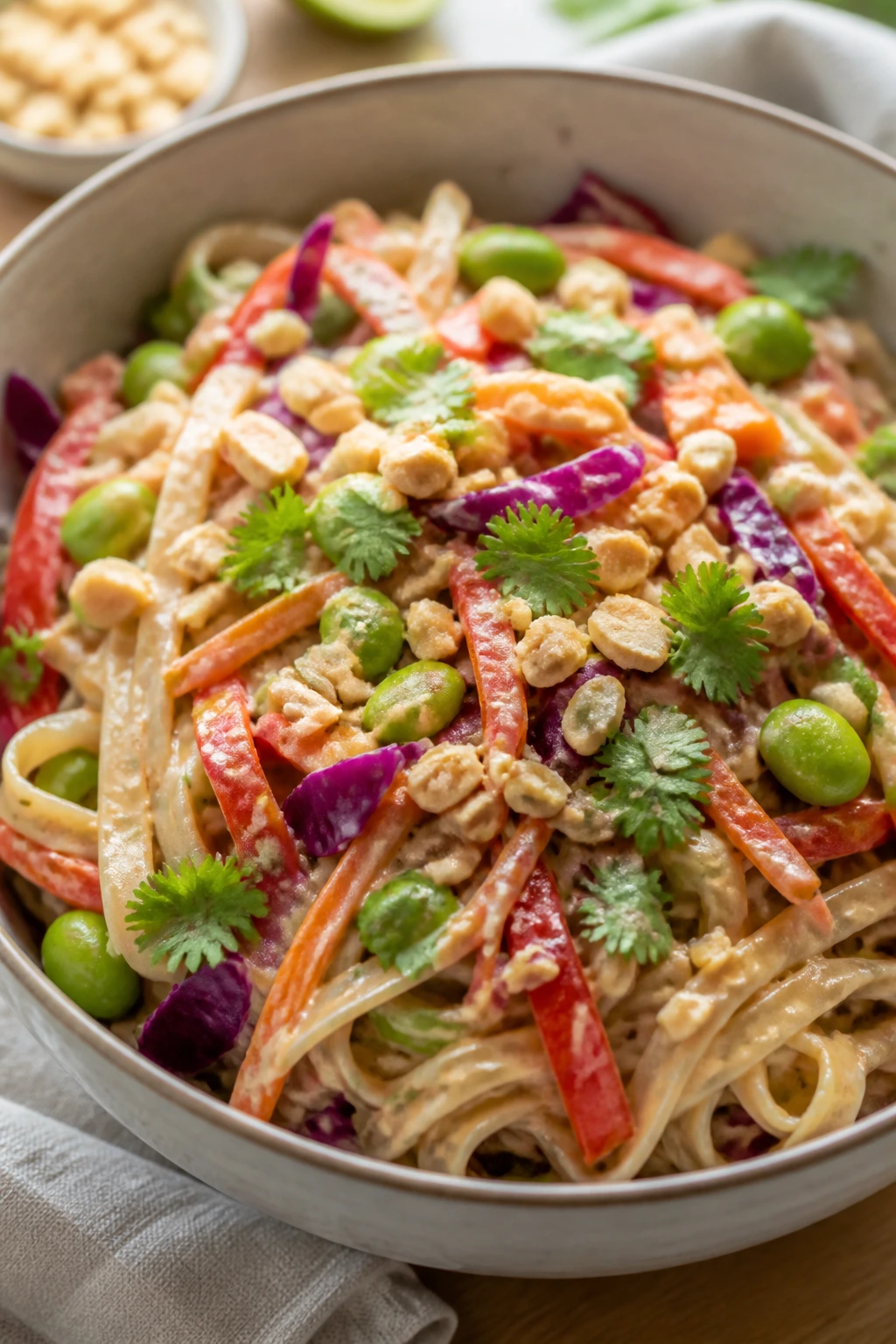 Close-up of Thai Peanut Crunch Noodle Salad with noodles and vegetables
