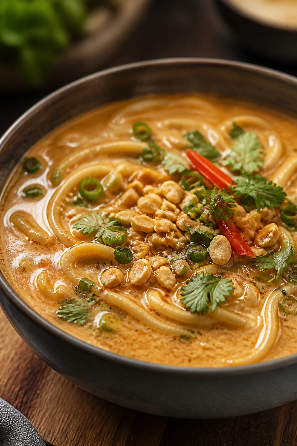 Close-up of Thai peanut noodle soup in a bowl with coconut milk broth