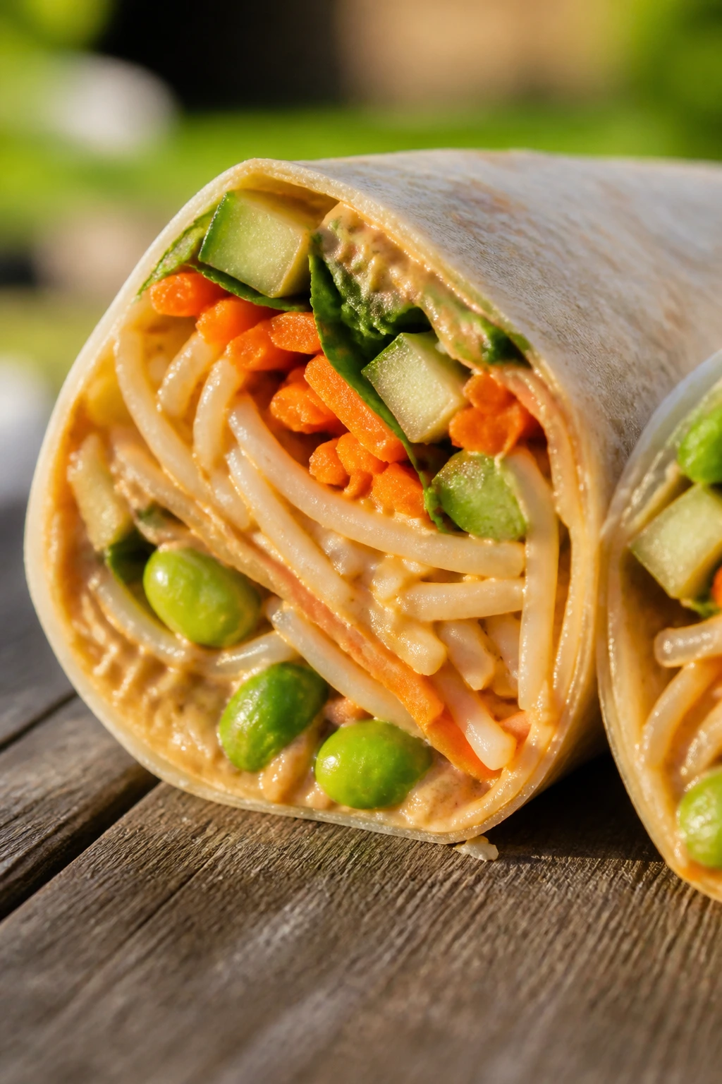 Cross-section of Thai peanut noodle wrap with vegetables on a wooden table