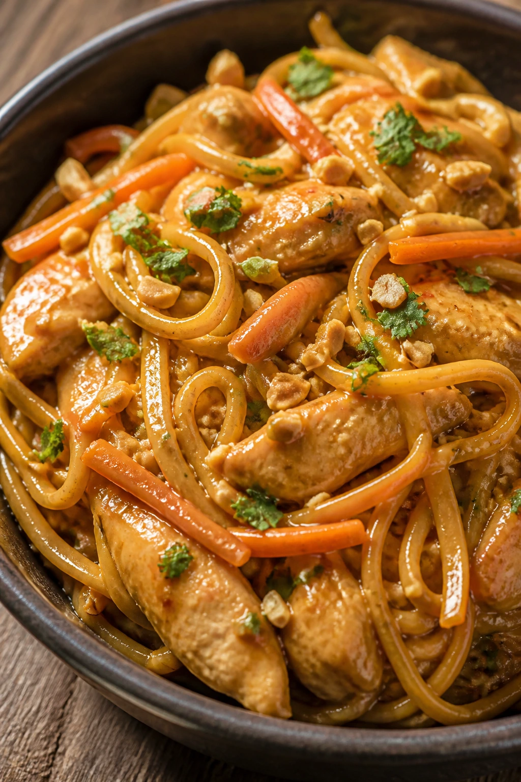 Thai peanut chicken noodles in a bowl with peanut sauce