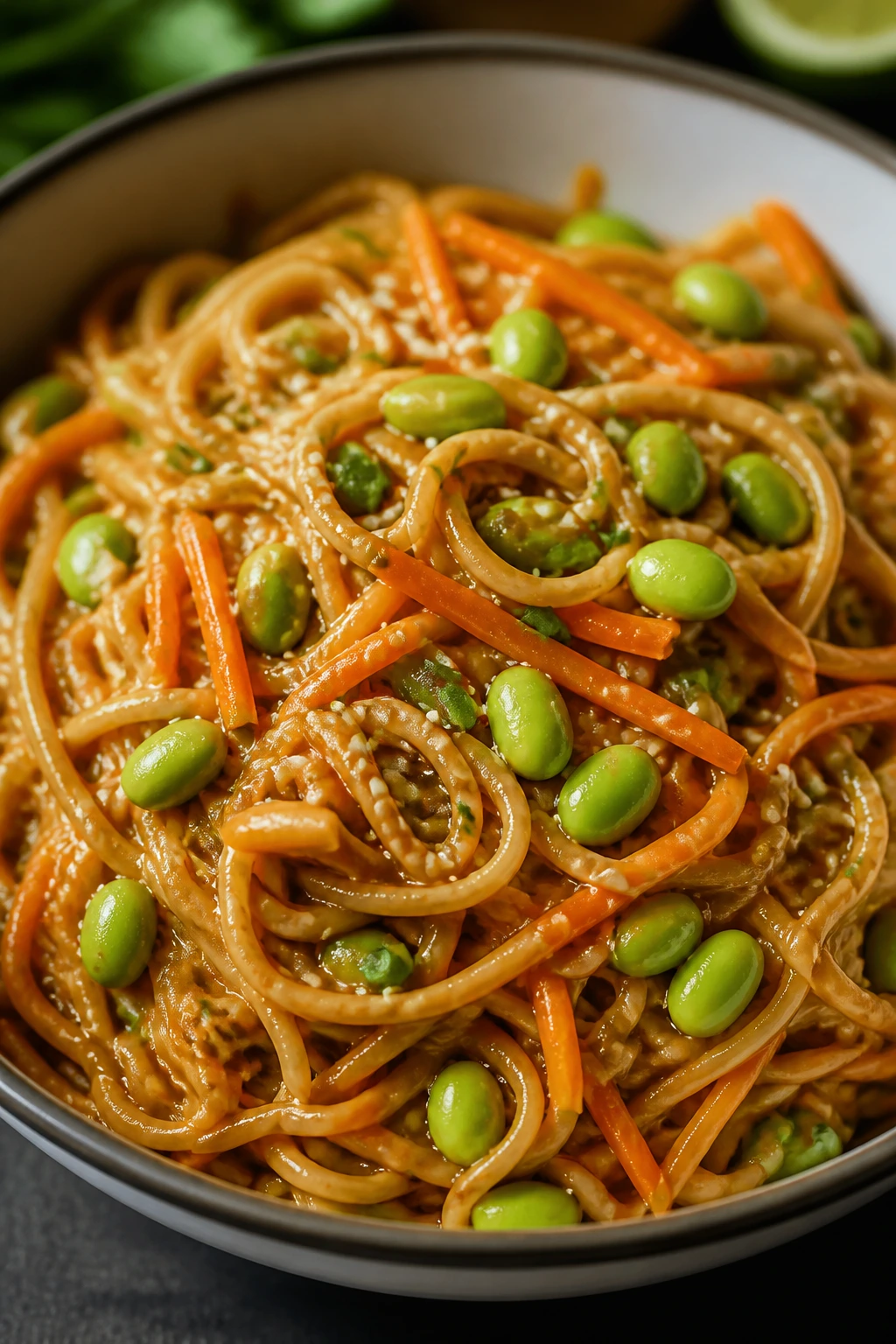 Close-up of Thai peanut noodle stir-fry with edamame and carrots in a bowl