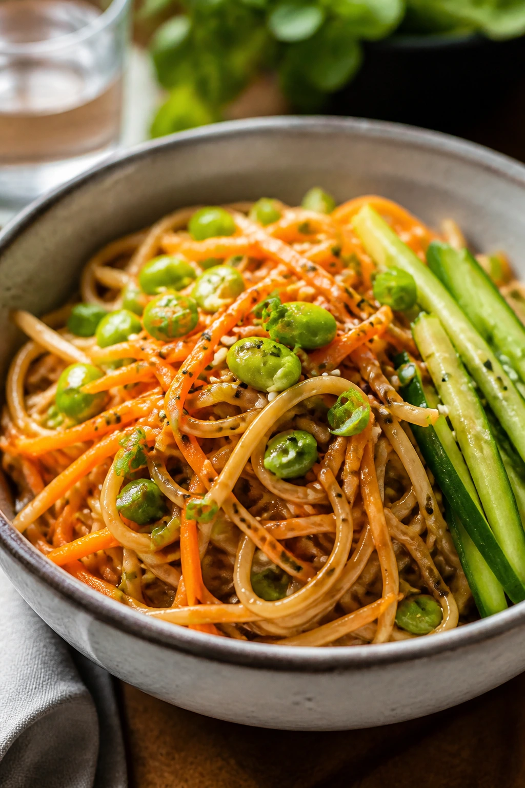 Thai peanut noodle bowl with vegetables in a wooden setting
