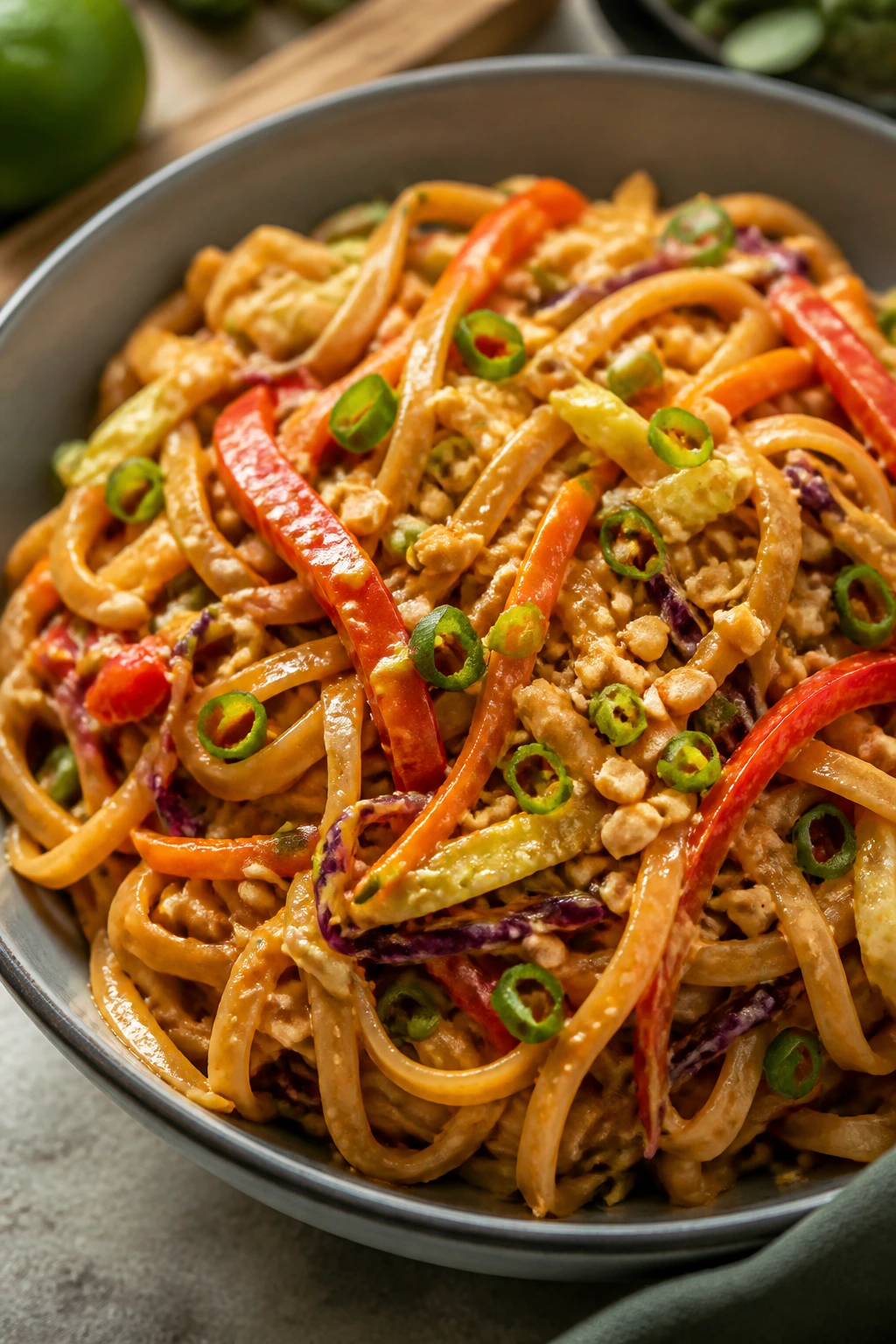 Thai peanut noodles with vegetables in a glossy sauce