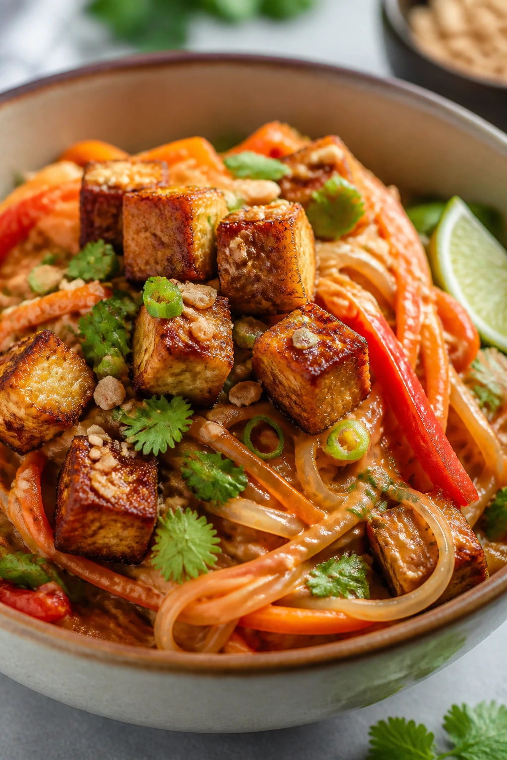 Close-up of Thai peanut tofu noodle bowl with vibrant veggies