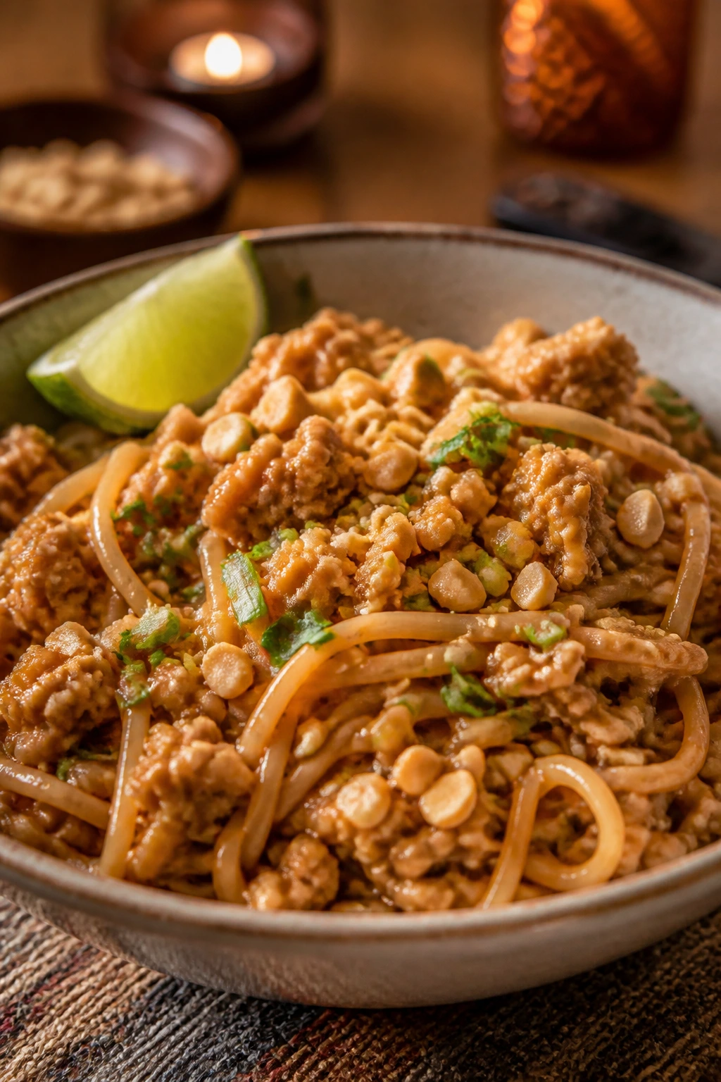 Bowl of Thai peanut turkey noodles with peanuts and lime.