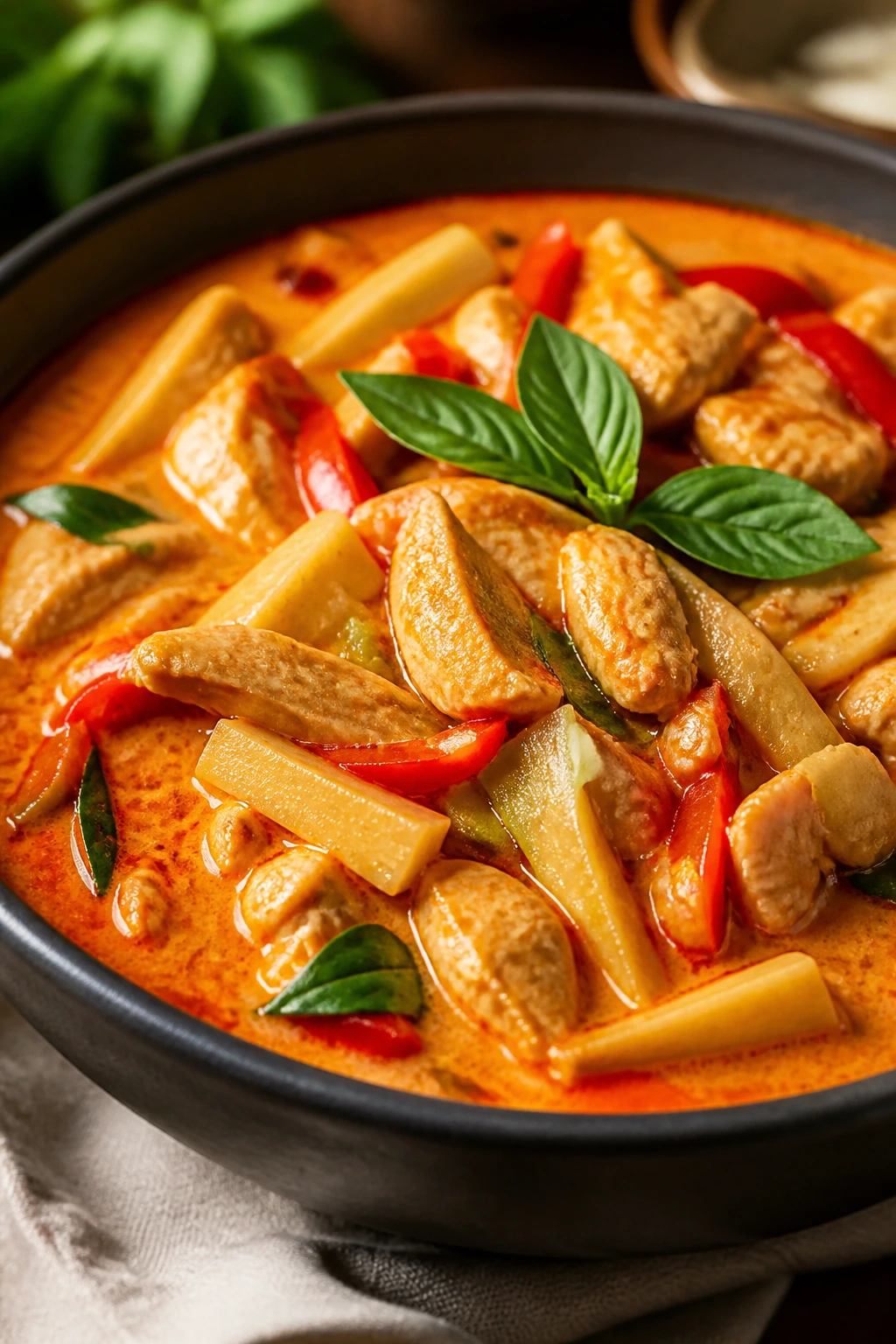 Vibrant Thai red curry with chicken and bamboo shoots