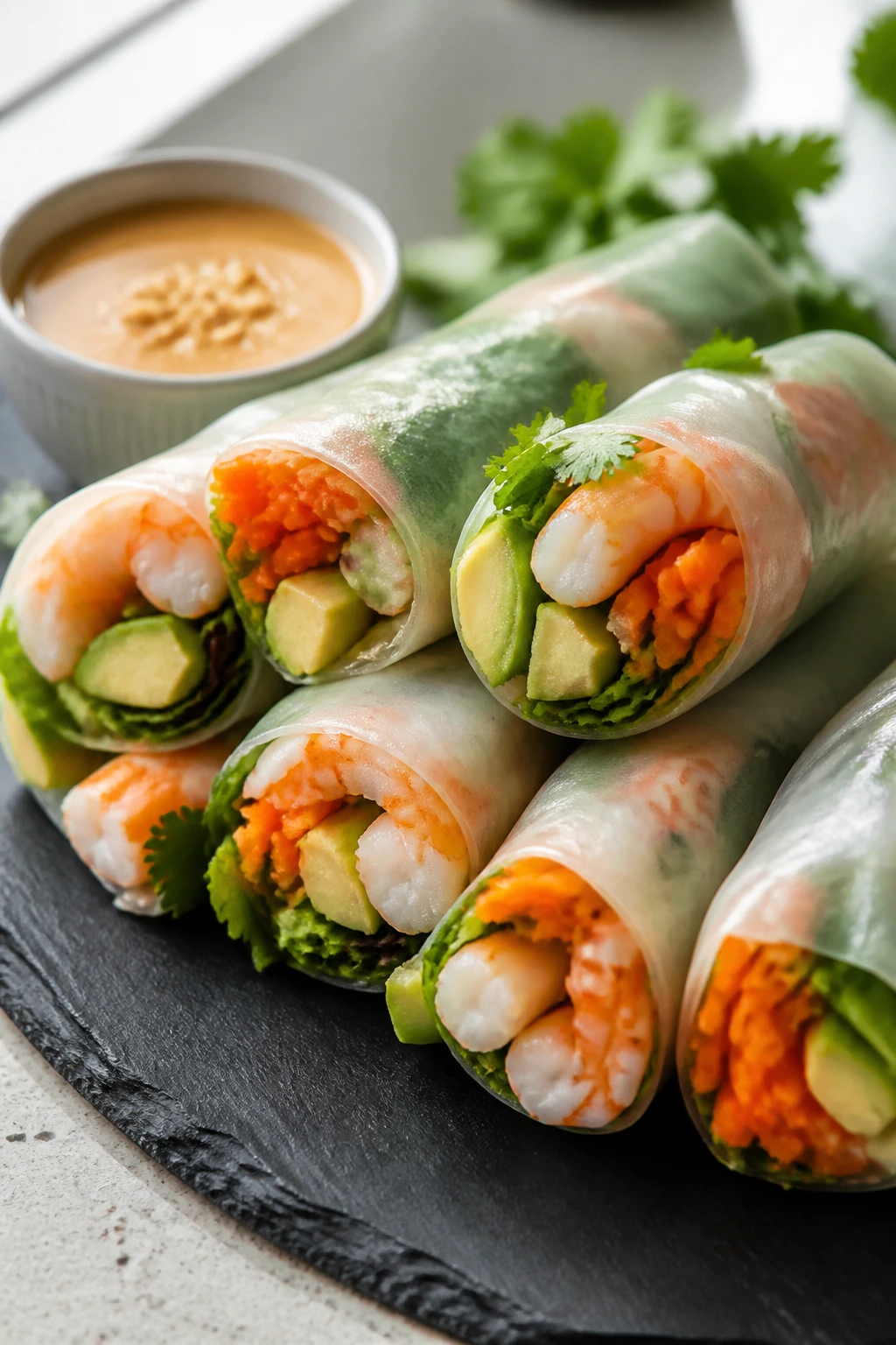 Close-up of Thai rice paper rolls with peanut sauce on a slate board