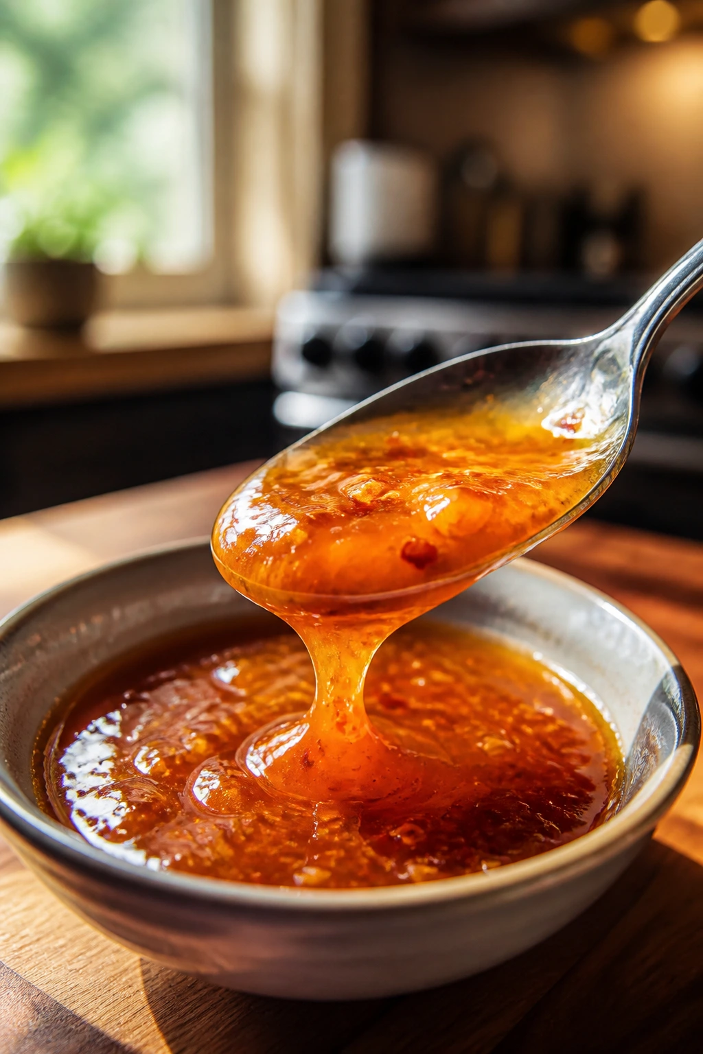 Close-up of glossy Thai sweet-sour sauce on a spoon in a home kitchen