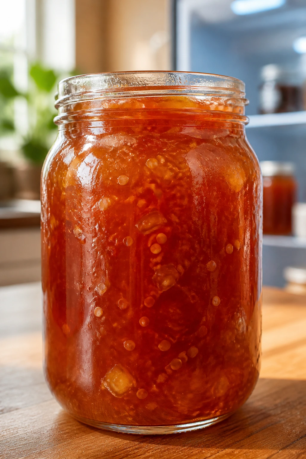 Close-up of a glass jar of Thai sweet-sour sauce ready for storage in a kitchen