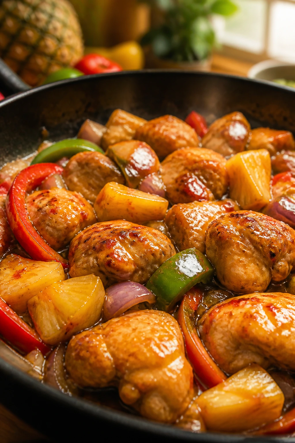 Close-up of Thai Sweet Chili Chicken and Pineapple in a skillet with pineapple and peppers.