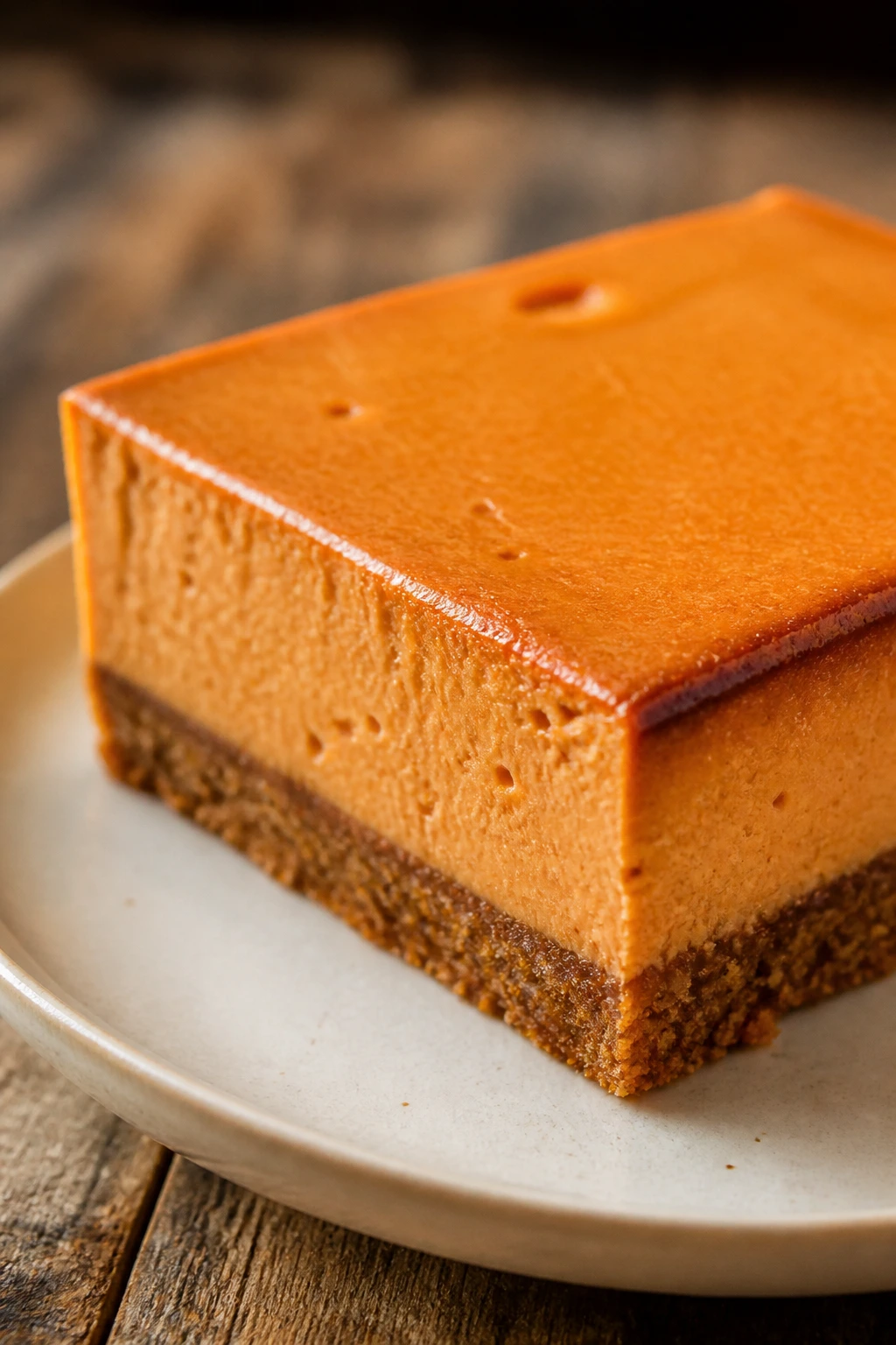 Close-up of a Thai tea cheesecake bar on a plate showing crust and filling