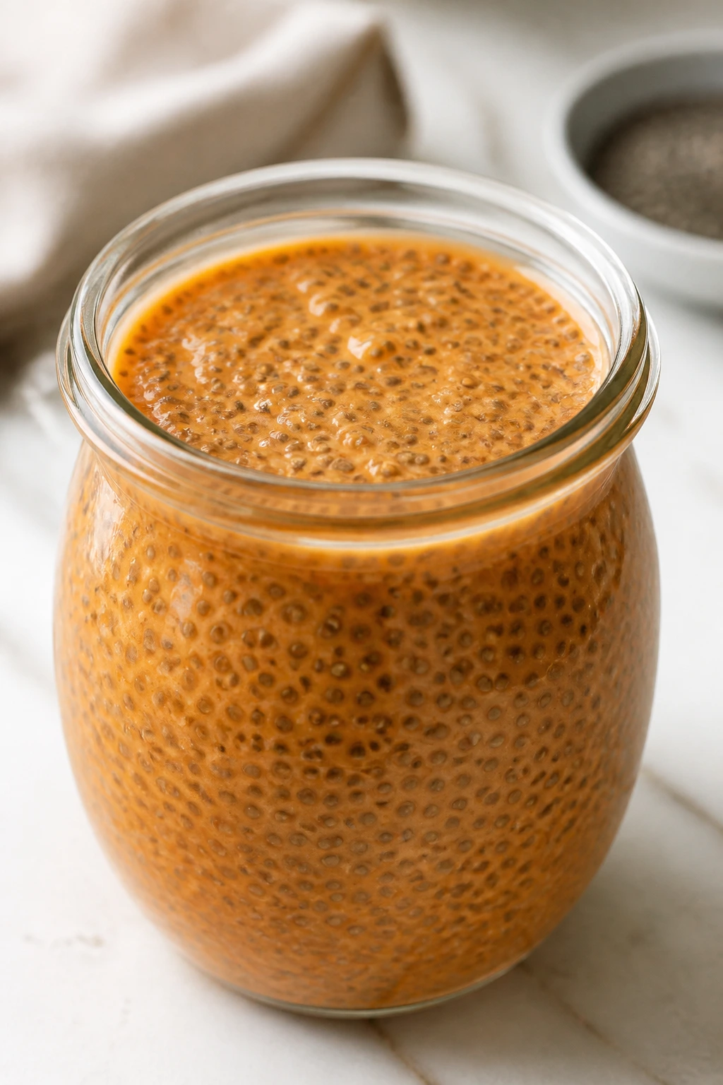 Glass jar of Thai Tea Chia Pudding