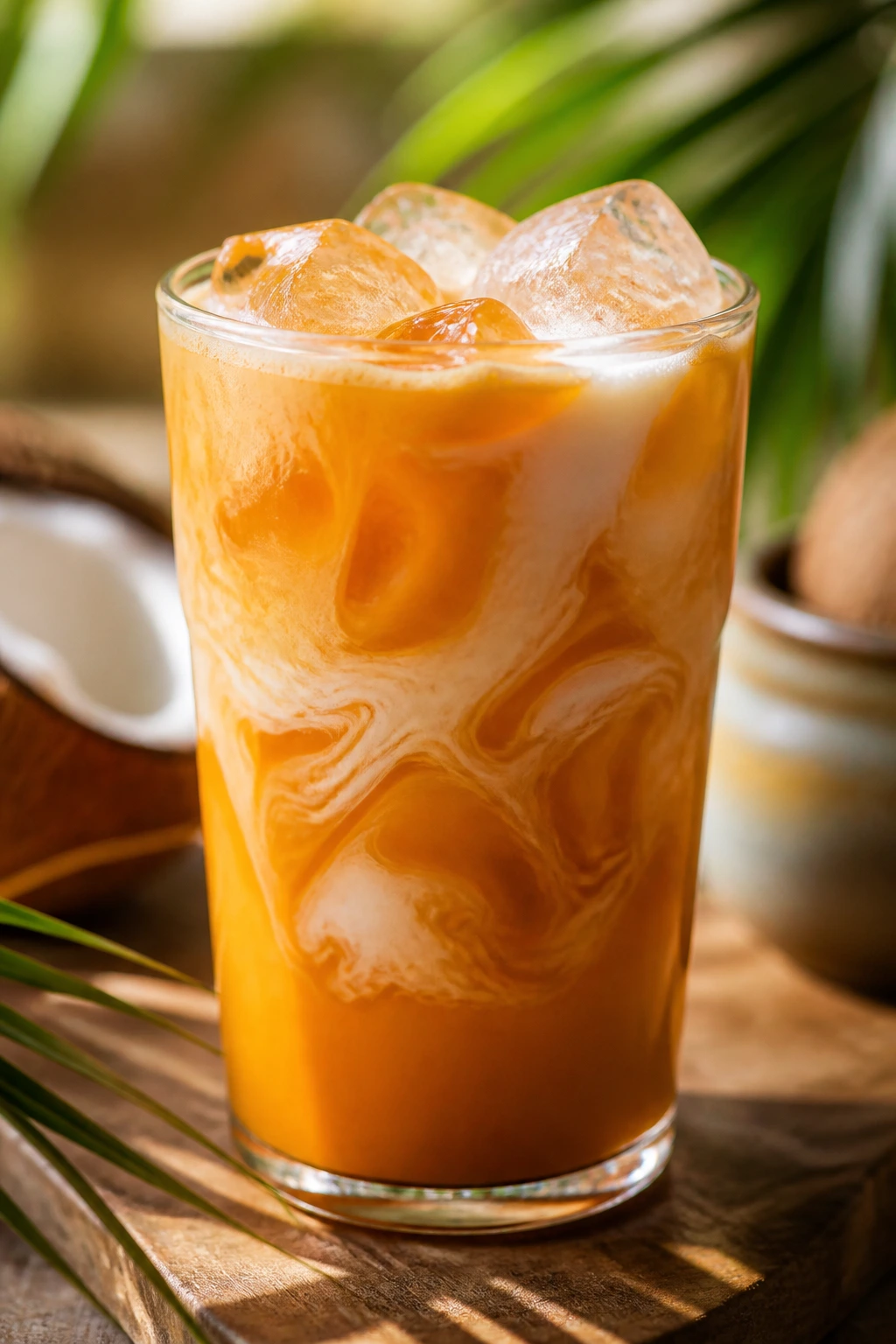 Dairy-free Thai tea with coconut milk swirl in glass in tropical kitchen