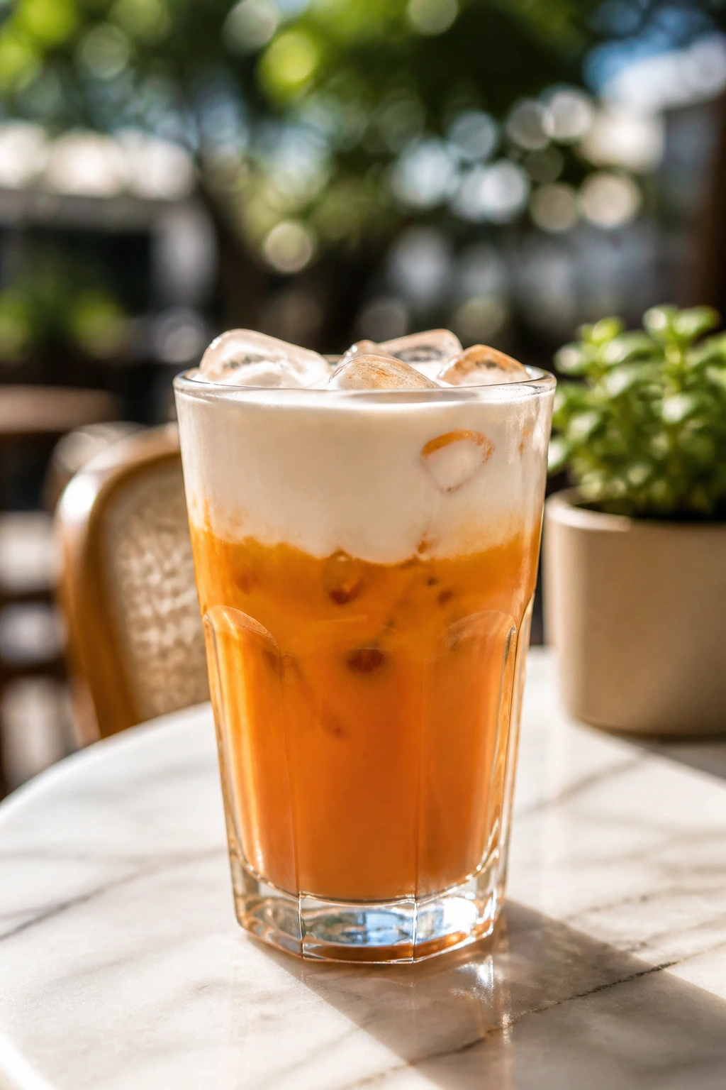 Thai tea with coconut cream topping in a glass on a sunny outdoor table