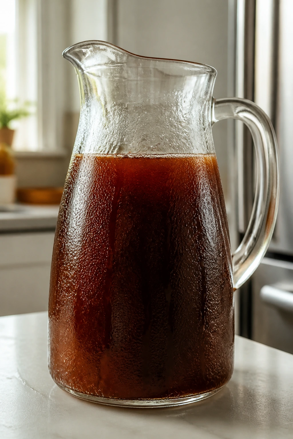 Glass pitcher of Thai tea concentrate on a kitchen counter with condensation