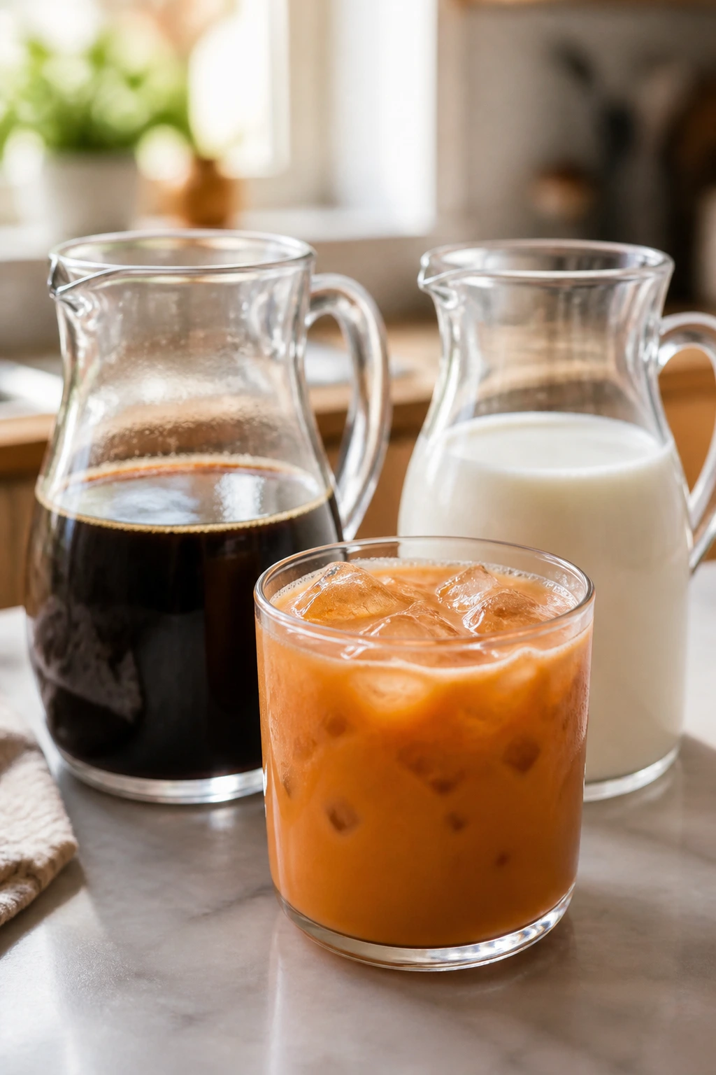Thai iced tea in a glass with concentrate and milk pitchers in background