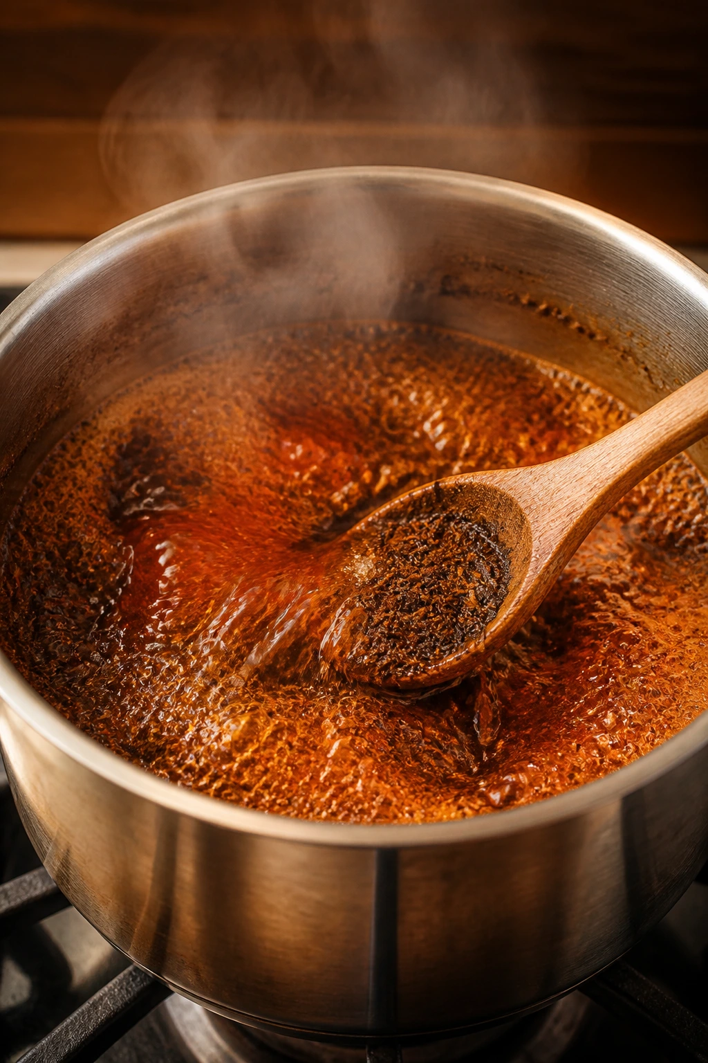 Saucepan on stove brewing Thai tea concentrate with steam