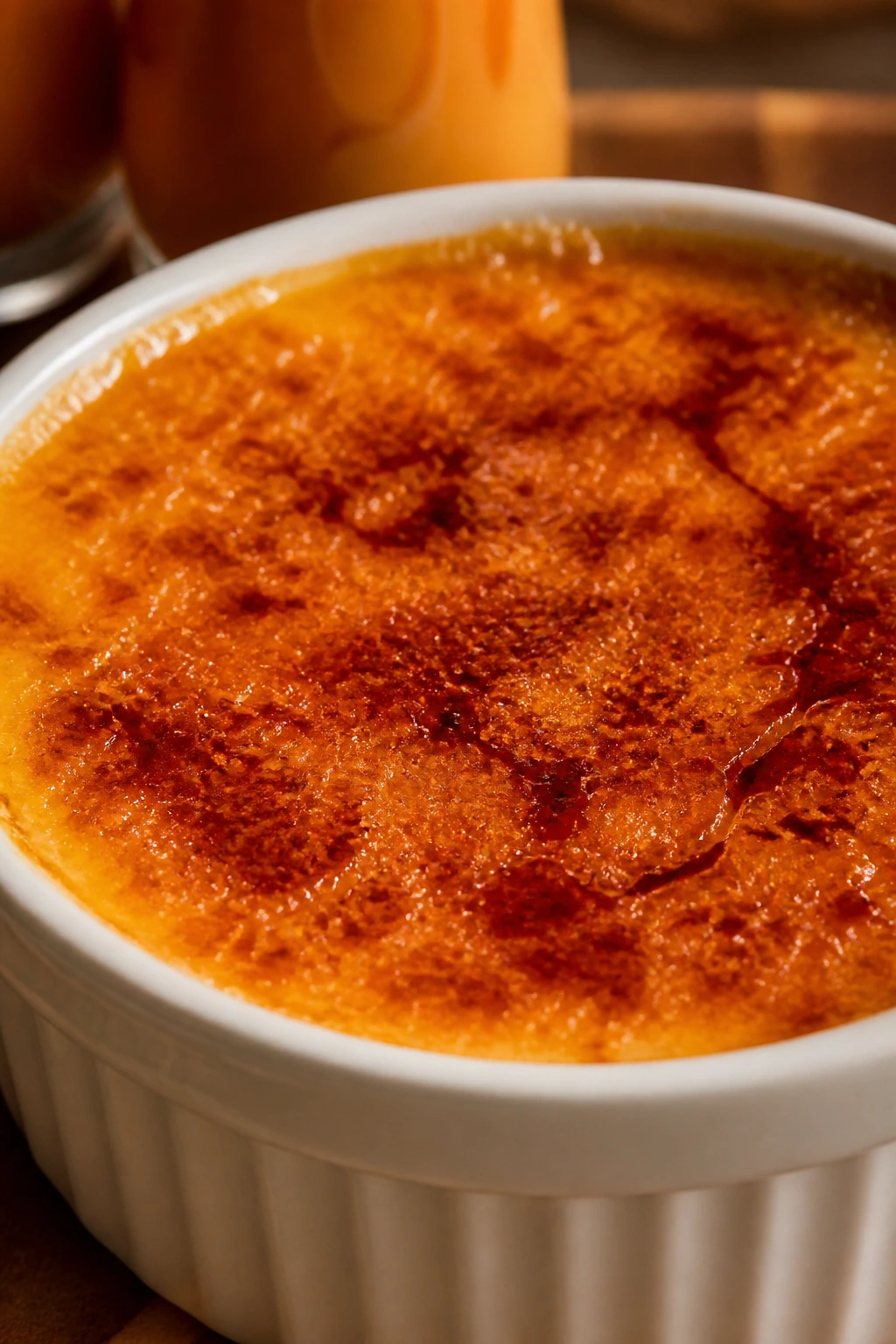 Close-up of Thai tea creme brulee with caramelized sugar top