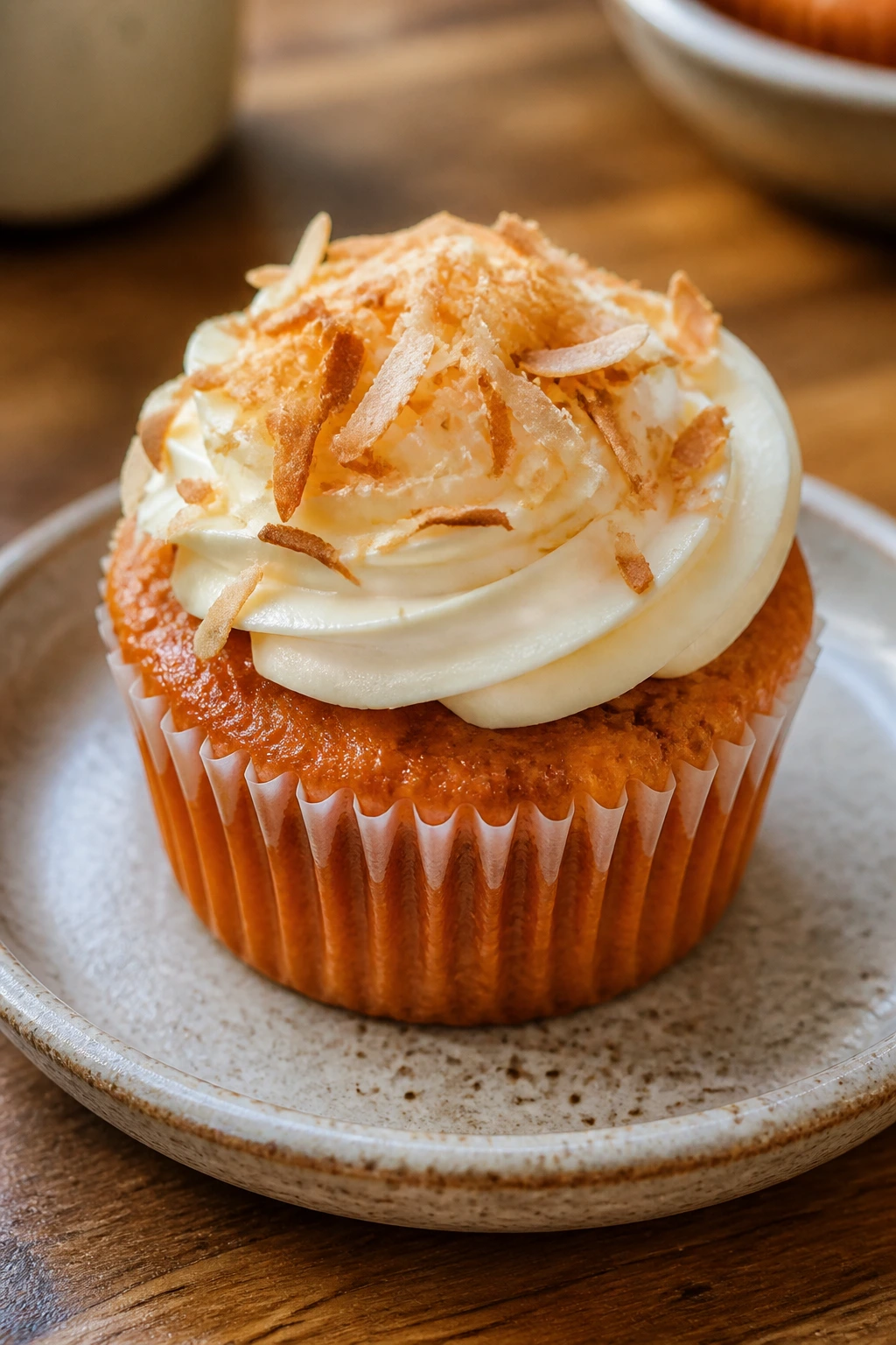 Close-up of Thai Tea Cupcake with cream cheese frosting and toasted coconut on a rustic plate