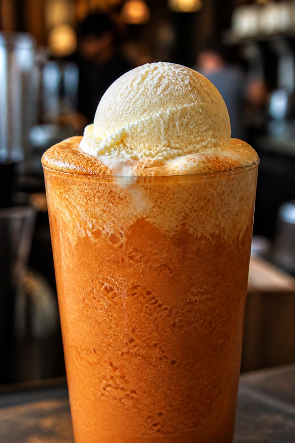 Thai tea frappe in glass with vanilla ice cream topping