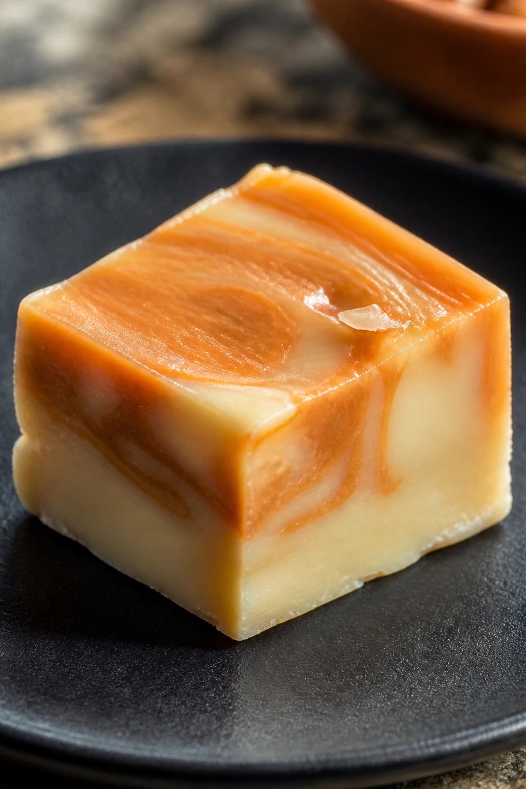 Close-up of Thai Tea Fudge square on a dark plate