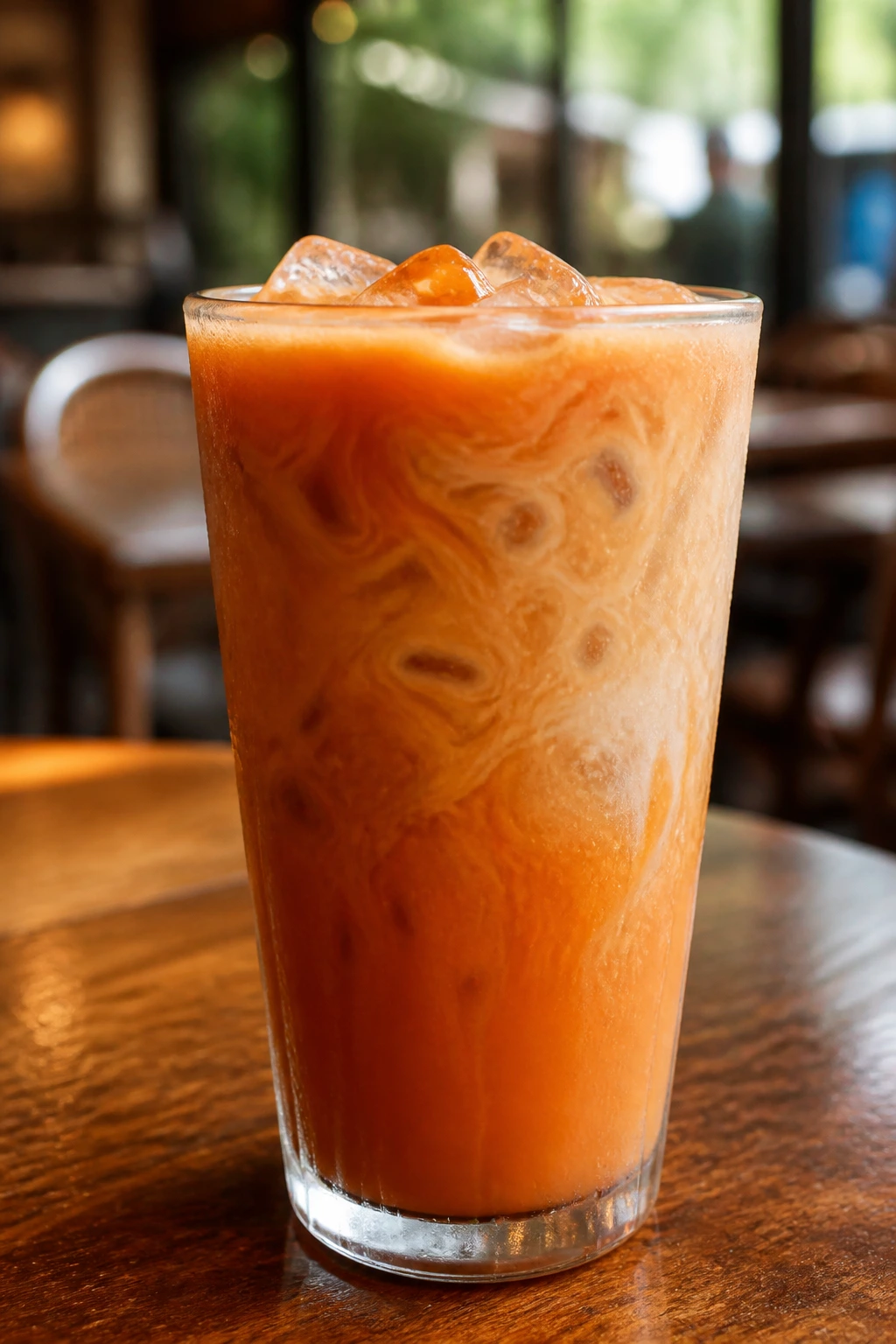 Close-up of Thai tea in a tall glass in a cafe setting