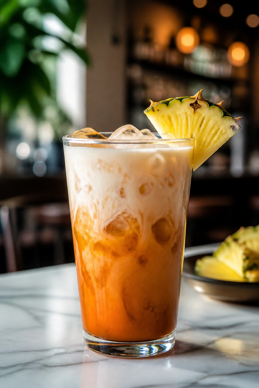 Glass of Thai iced tea with pineapple garnish