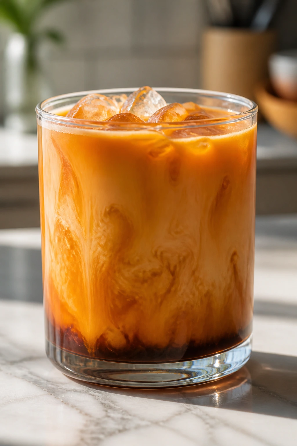 Glass of Thai tea showing color gradient and balance of ingredients