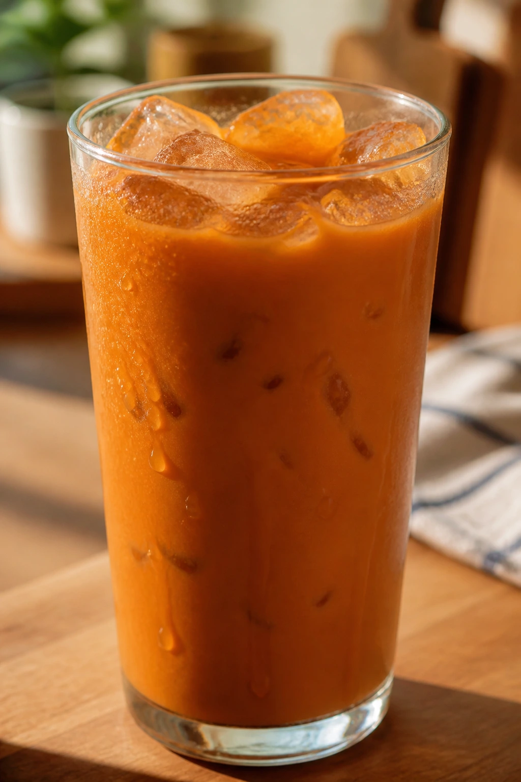 Close-up of Thai tea glass with ice on a kitchen counter