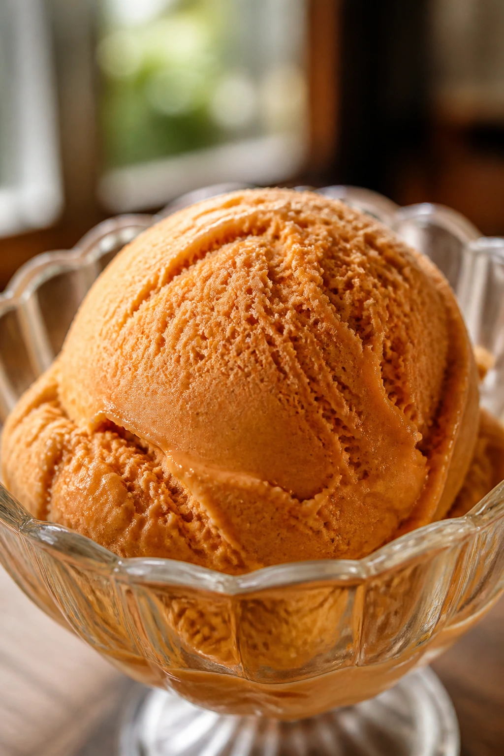 Close-up of Thai tea ice cream scoop in a glass dish under warm window light
