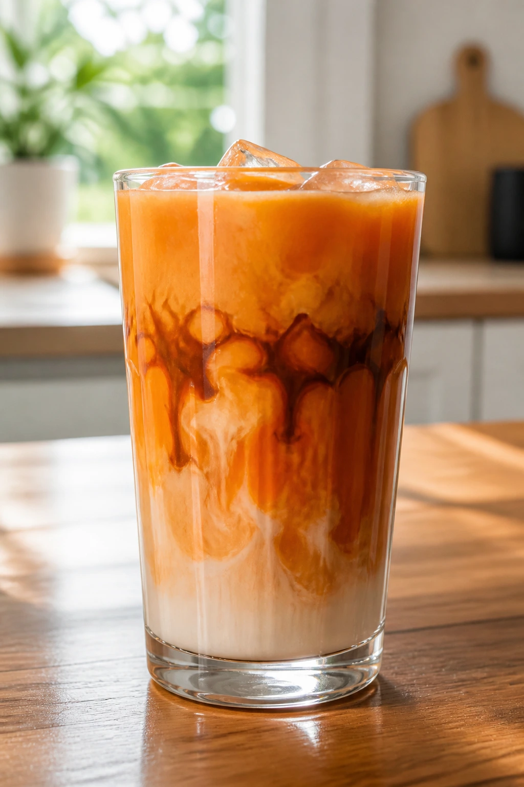 Close-up of Thai tea over ice in a clear glass showing amber color with a milk layer