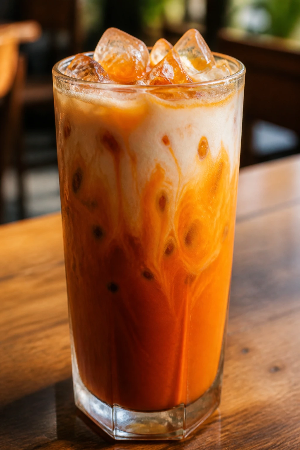 Tall glass of classic Thai iced tea on a cafe table