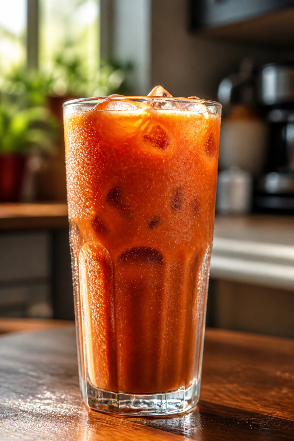Close-up of a glass of iced Thai tea on a wooden counter