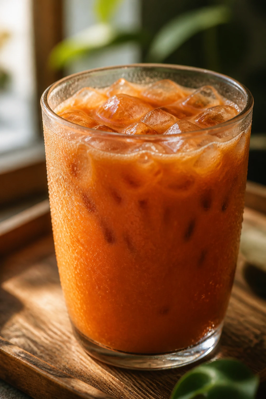 Close-up of Sweet and Sour Thai Tea in a glass with amber hue and condensation on a wooden surface
