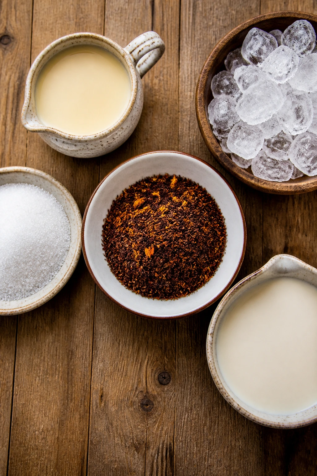 Flat lay of Thai iced tea ingredients on a wooden surface