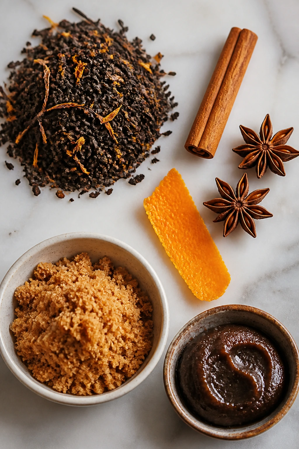 Top-down view of Thai tea ingredients laid out on a surface