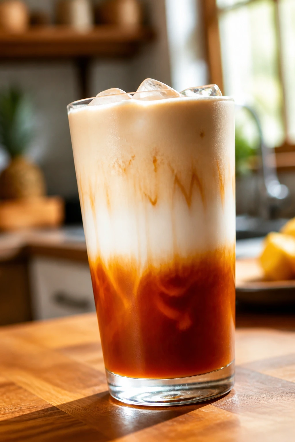 Close-up of layered Tropical Thai Iced Tea with amber tea and coconut cream