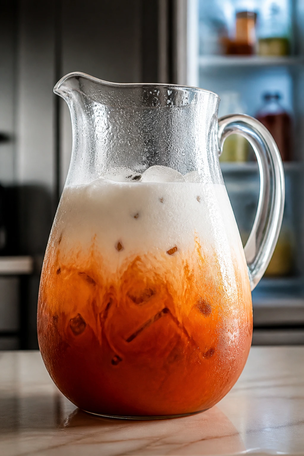 Pitcher of layered Thai iced tea ready to chill