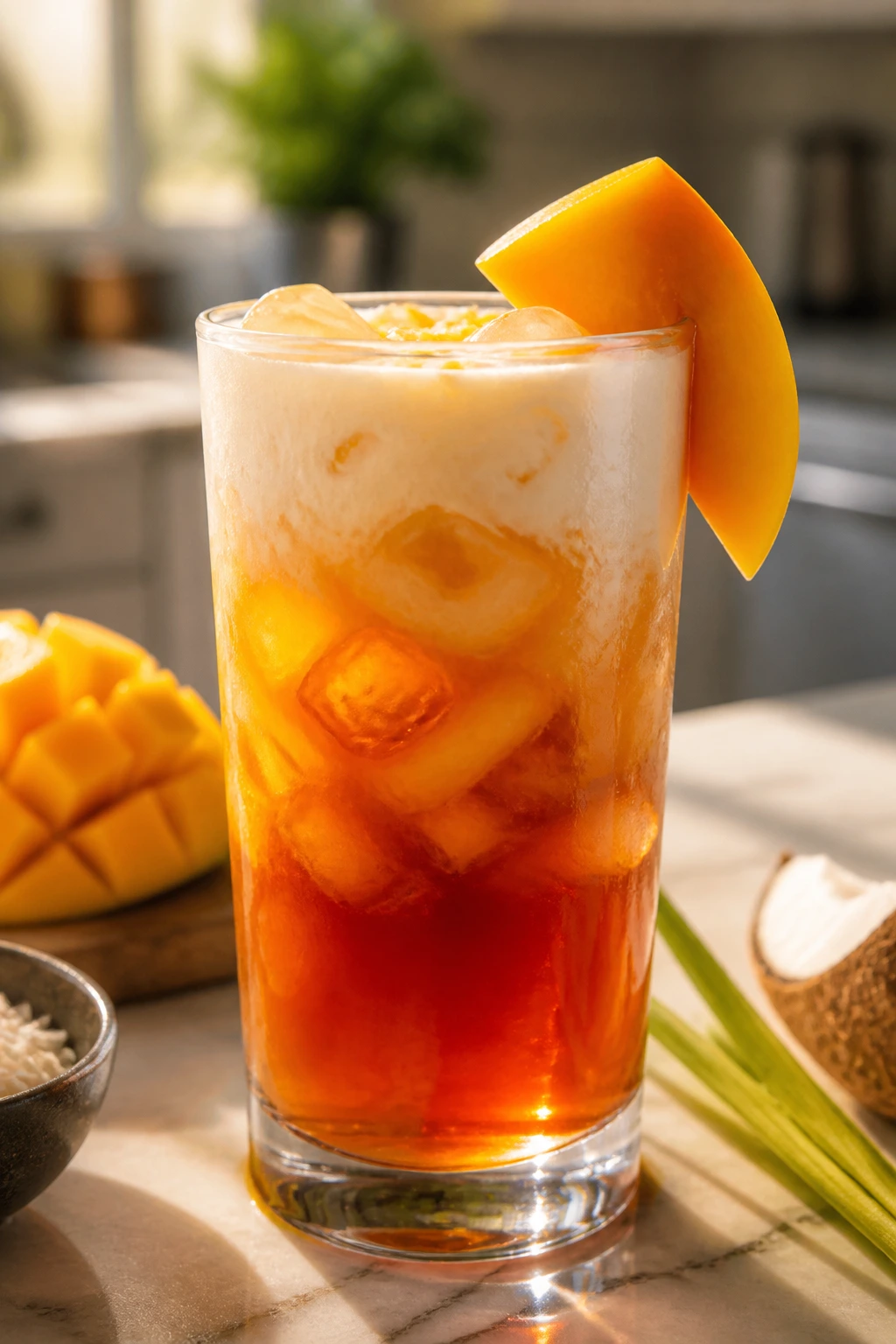 Thai tea with mango sunset variation in a glass