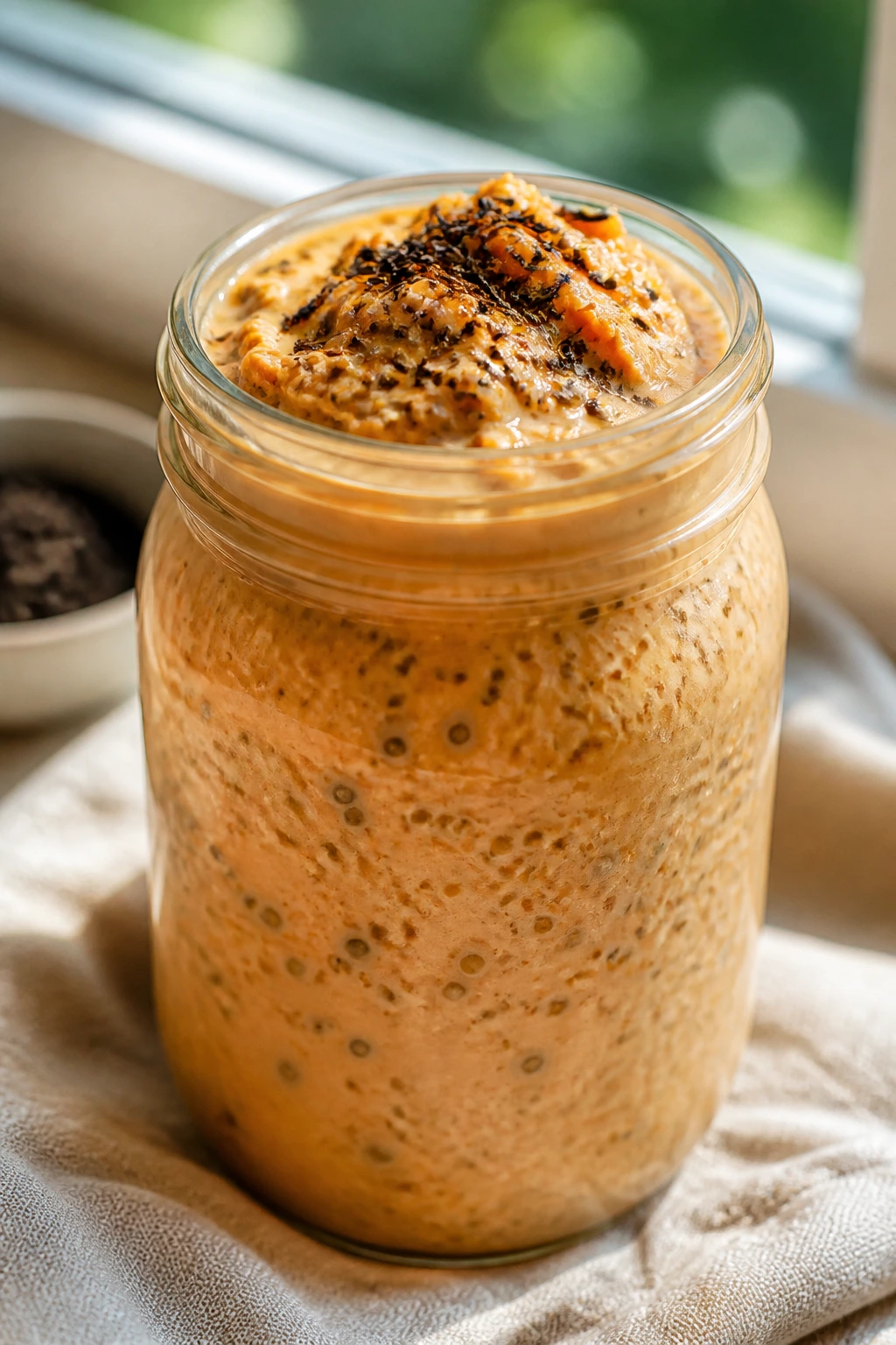 Overnight oats in a Thai tea colored jar