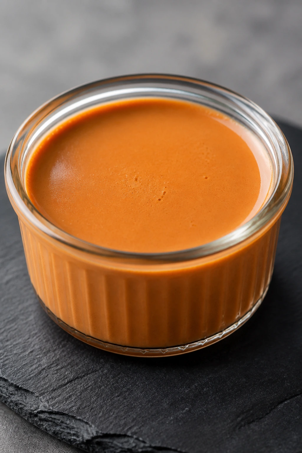 Close-up of Thai tea panna cotta in a ramekin on slate plate