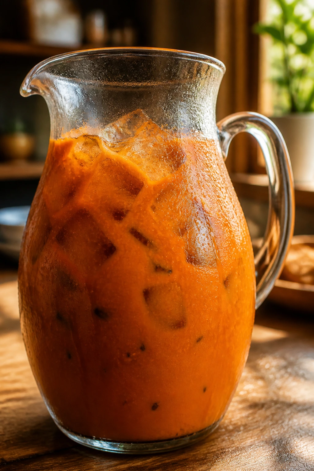 Close-up of a glass Thai tea pitcher with condensation in a sunlit kitchen